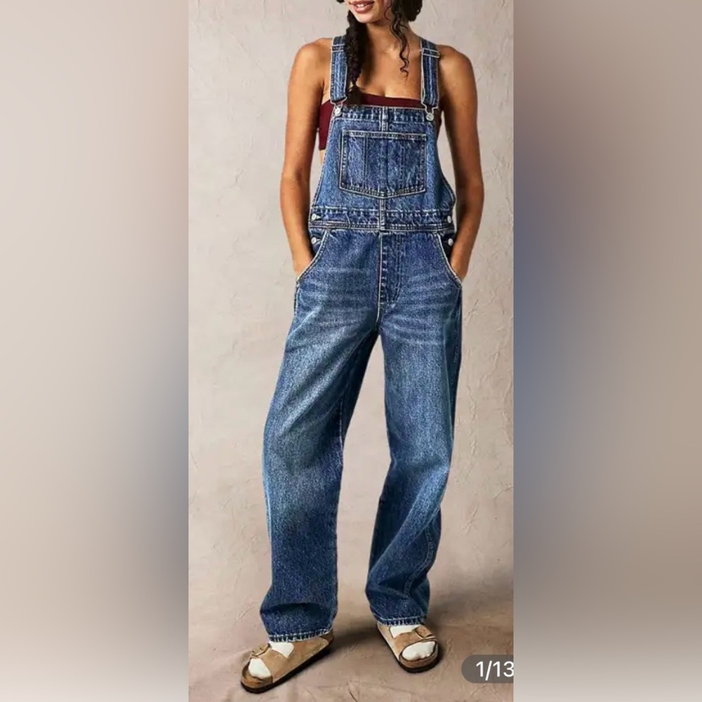 Flamingals Wash Stitch Detail Mid Waist Denim Overalls Size Large NWT